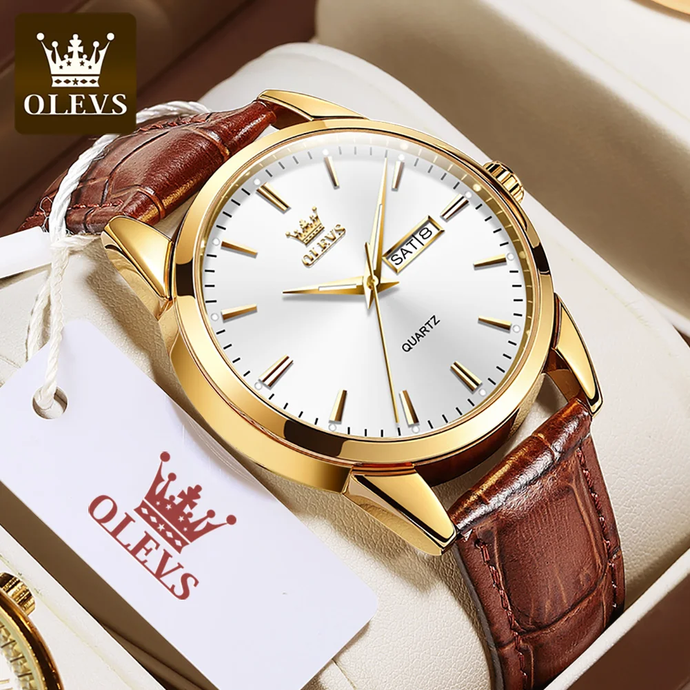 

OLEVS 6898 Business Quartz Watch Gift Genuine Leather Watchband Round-dial Week Display Calendar