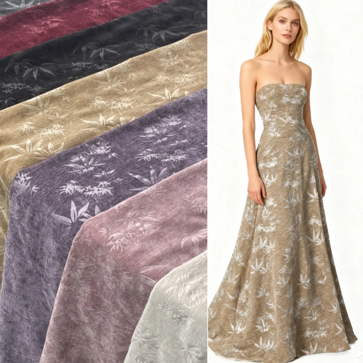 5 Meters Double sided shiny silk chenille embossed bamboo leaf fabric sewn qipao dress, vest, evening dress fabric