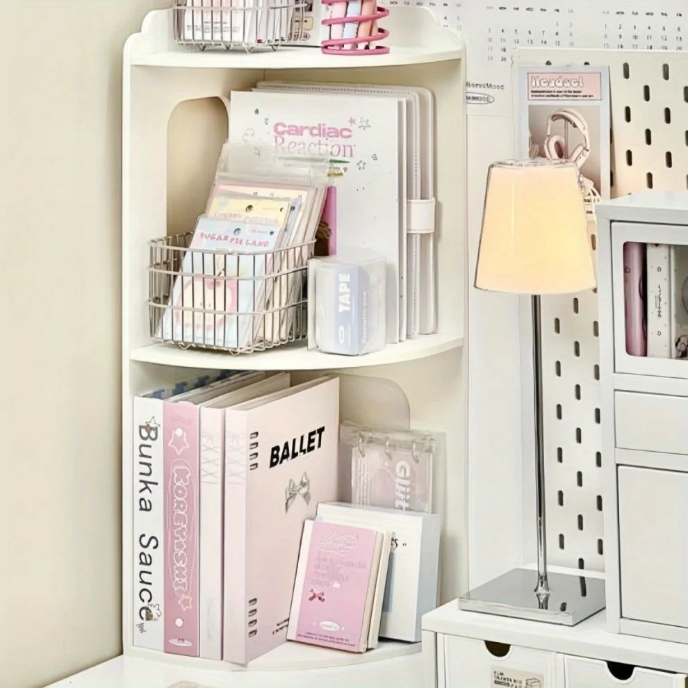3-Tier Corner Desk Shelf, Space-Saving White Storage Rack for Organizing Books, Cosmetics, Office Supplies, Modern Layered