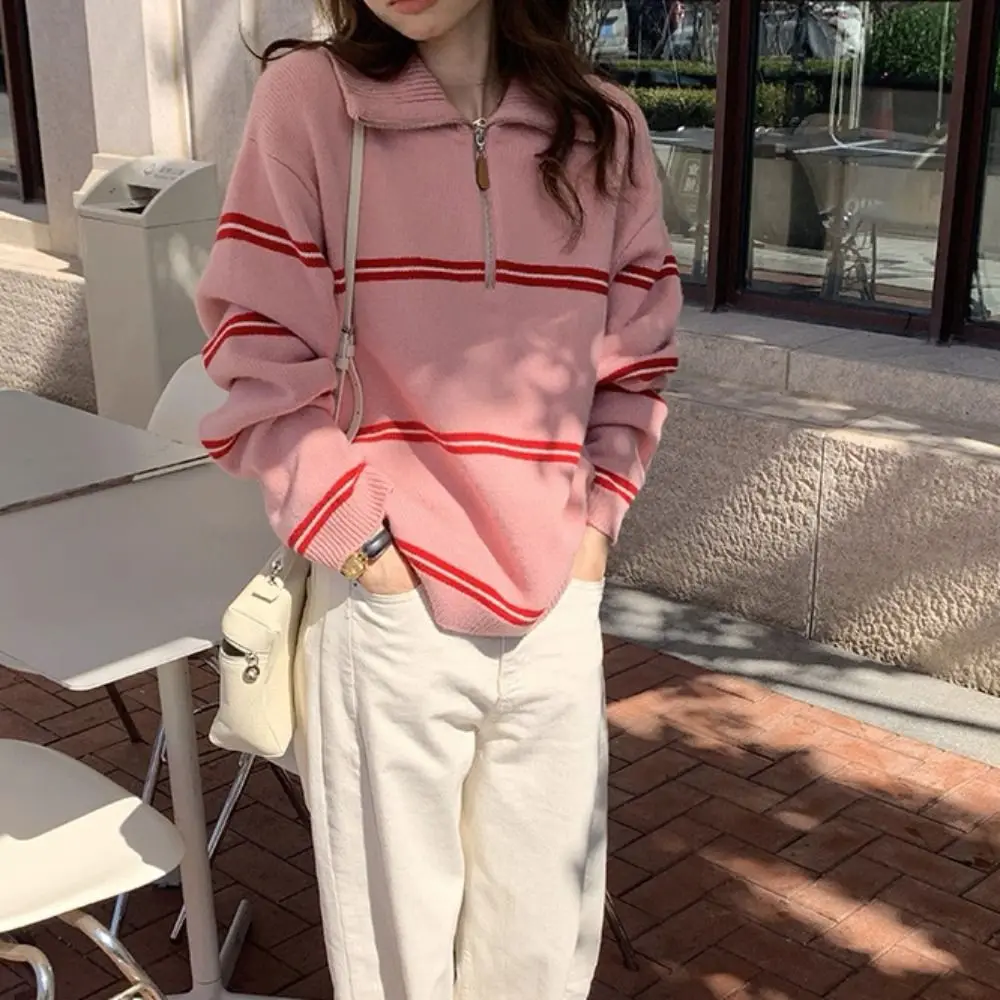 

Простая вязаная толстовка в полоску с длинными рукавами, свободная повседневная вязаная крючком трикотаж, женский топ, свитер, милый пуловер для девочек, весна/зима