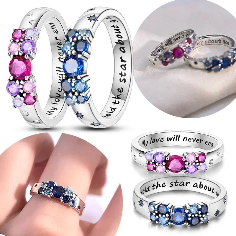 Hot Sale Original 925 Sterling Silver Woman Ring Galaxy Blue Zircon Sun Star Moon Wedding Stacking Ring Jewelry Gift For Women