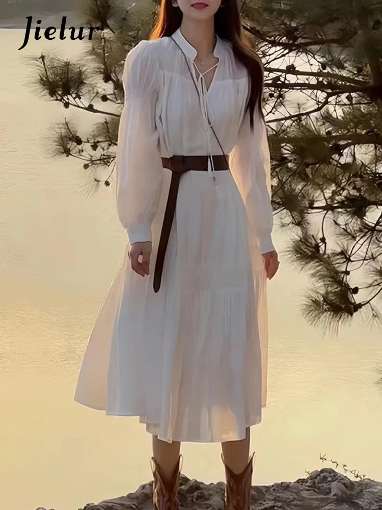 Jielur 화이트 레이스업 러플 벨트 여성 드레스, 심플한 오피스 레이디 셔츠 드레스, 단색 캐주얼 여성 휴가 드레스, 패션