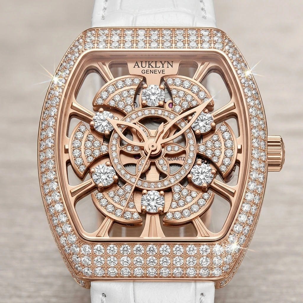 Women Tonneau Quartz Wristwatch Mark Fairwhale Hollow Out Floral Crystal Dial Diamond Encrusted Bezel Leather Band Ladies Watch