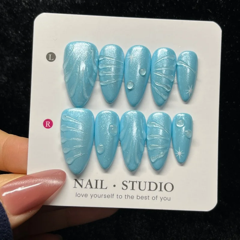 

10PCS Sweet Cool Almond Handmade Press on Nails Simple Blue 3D Ripples Star Desigsn Fake Nails for Spice Girls Wearable Manicure