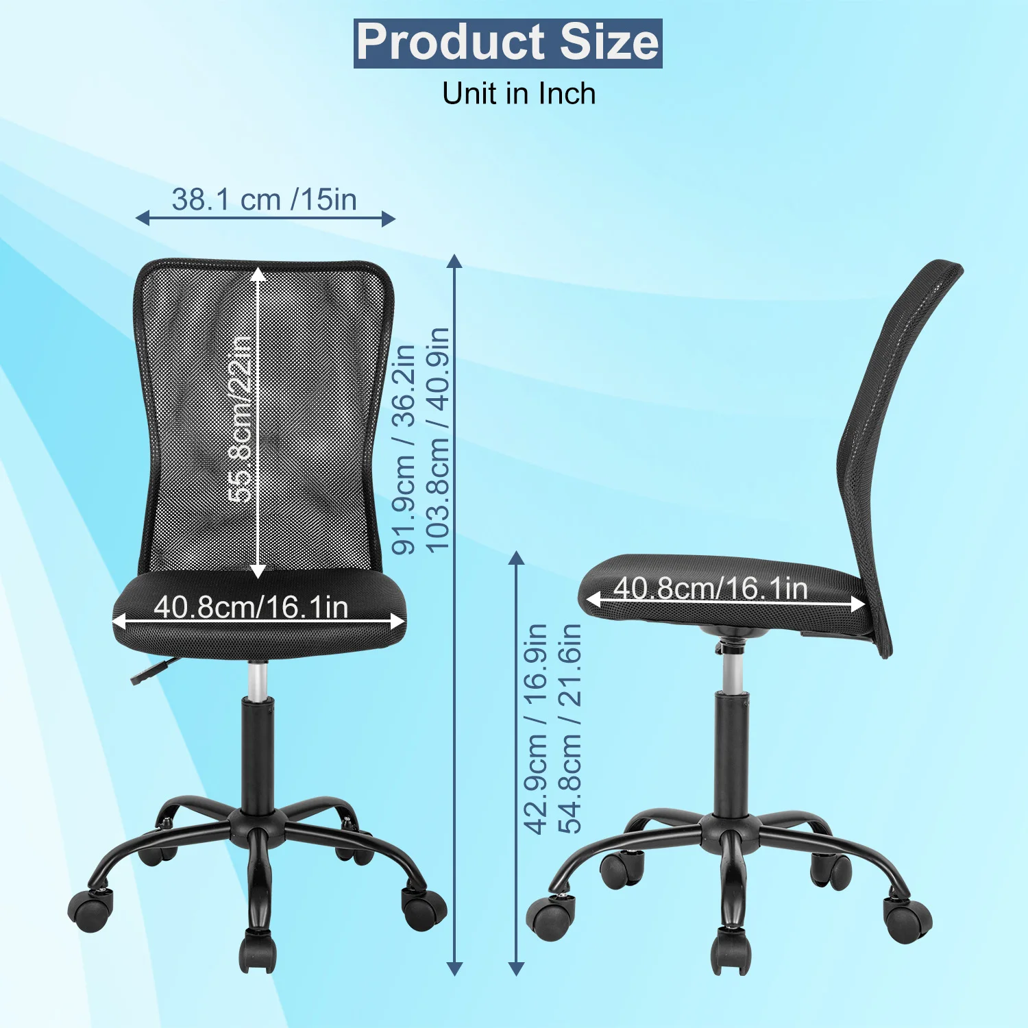 كرسي مكتب مريح، كرسي كمبيوتر شبكي أسود بدون ذراع مع دعم قطني، كراسي مكتب دوارة تنفيذية حديثة