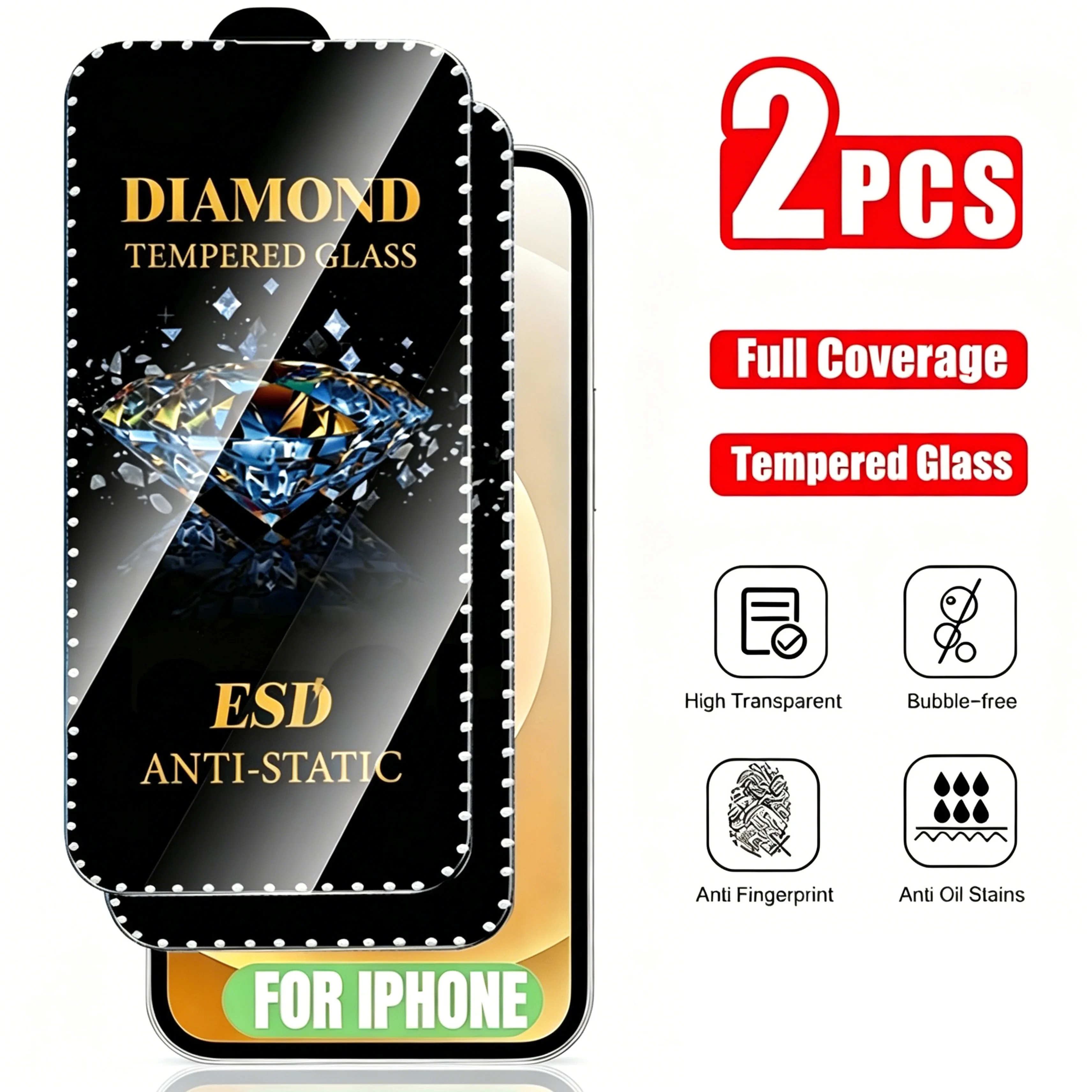 

2Pcs,Tempered glass with diamond border decoration for iPhone 13-17 series - Full coverage, Scratch-resistant, shatterproof