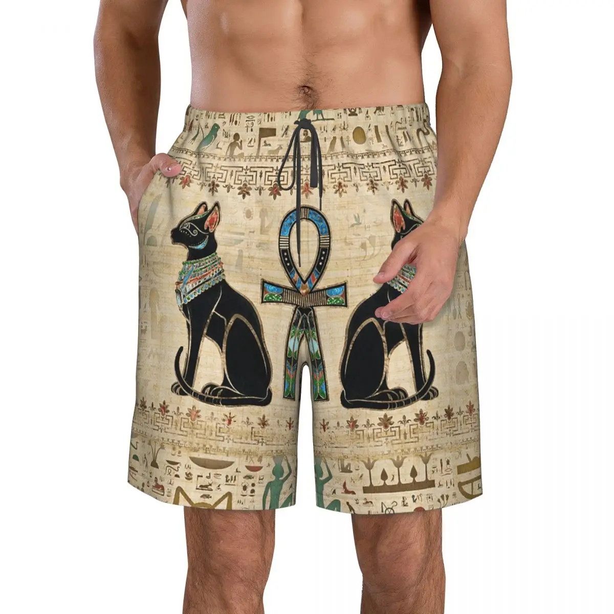 Egyptian Cats And Ankh Cross Trunks Beach Board Shorts Casual Quick Dry Swim Summer Men Pants