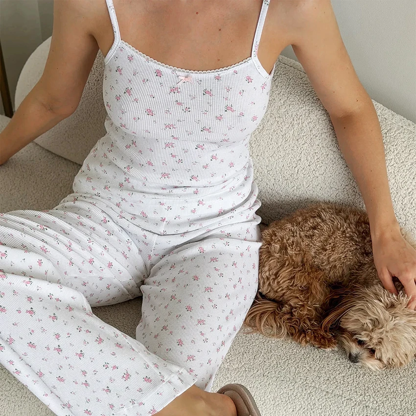 HiLoc Printed Sweet Knitted Elastic Women'S Pajamas Two-Piece Sleeveless Camisole Top Elastic Waist Full Length Pants 2026 Fall