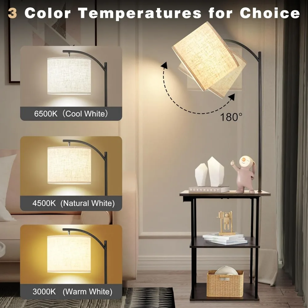 Floor Lamp with Table, End Table with Charging Station(USB & Type-C & AC Port), 3 Color Temperatures 9W LED