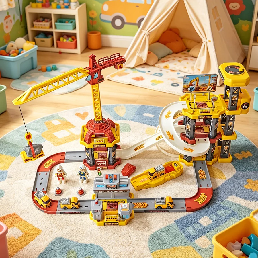Engineering series boy rail car toy with manual lifting and suspension tower, children's parking lot (color random)
