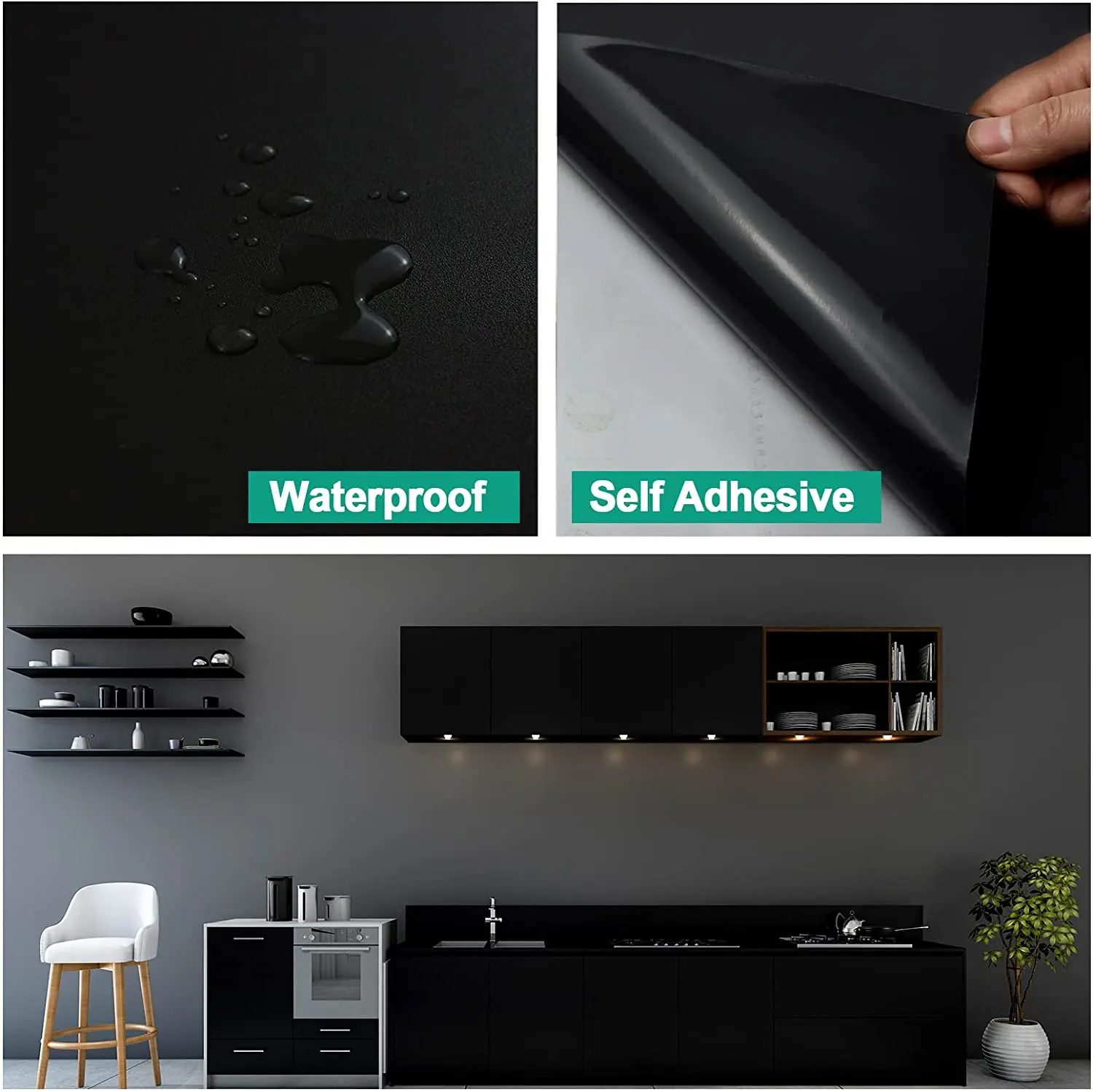 Black Matte Self-Adhesive Film Thickened Waterproof Wallpaper DIY Renovation Sticker for Kitchen Cabinet Table Wall Furniture