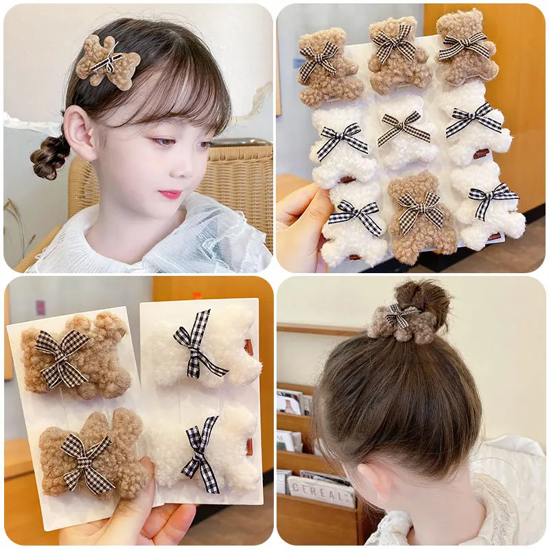 2pcs Milk Coffee Color Hair Clip Plush Bear Side Clip for Children Baby Handmade Girls Hair Accessories Winter Cloth Barrettes