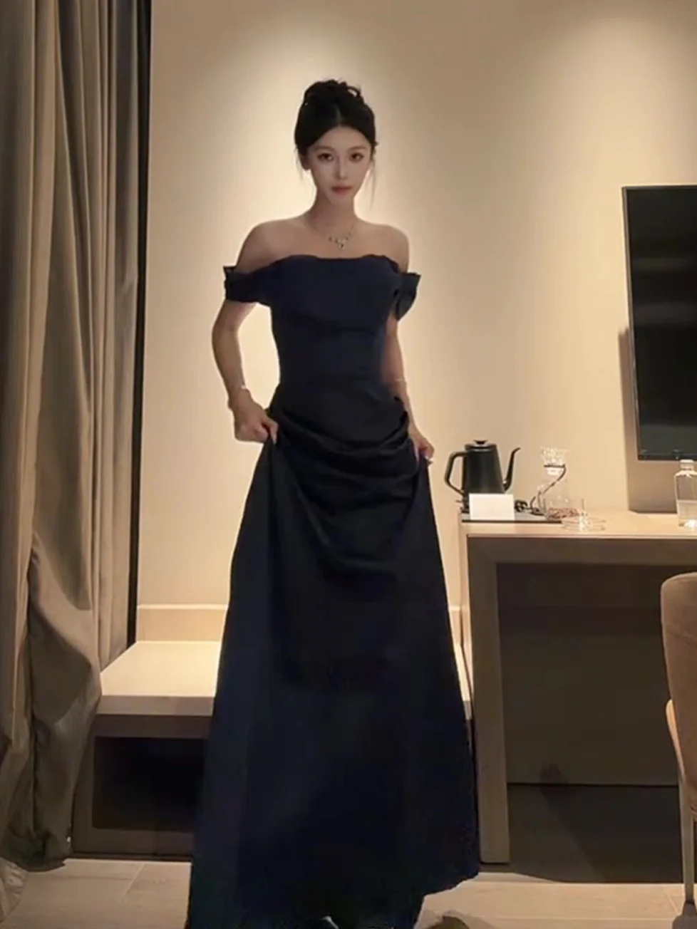 

Strapless Evening Dress Black, Navy, Burgundy Party Dress Lace-up Back Floor Length L&P DQL Studio