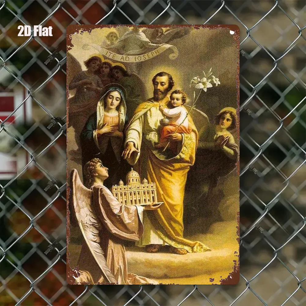 2D Vintage Metal Wall Sign, Religious Catholic Holy Family Plaque, Iron Saint Joseph Mary Jesus Angel Art, Retro Christian Decor