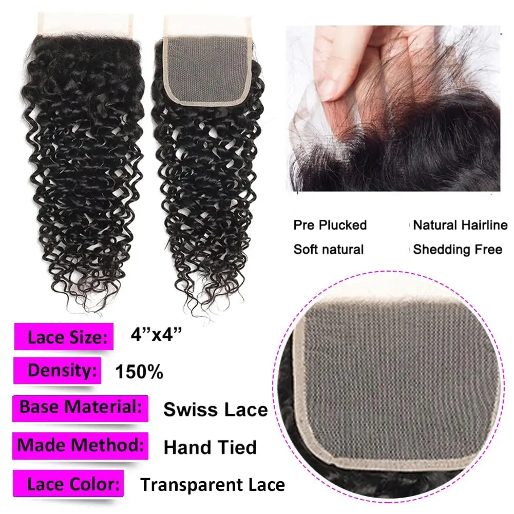 Bundel Gelombang Air dengan Penutup (24 26 28+20) Rambut Manusia Basah dan Bergelombang 3 Bundel dengan Penutup Renda 4X4 dengan Rambut Bayi Bagian Bebas