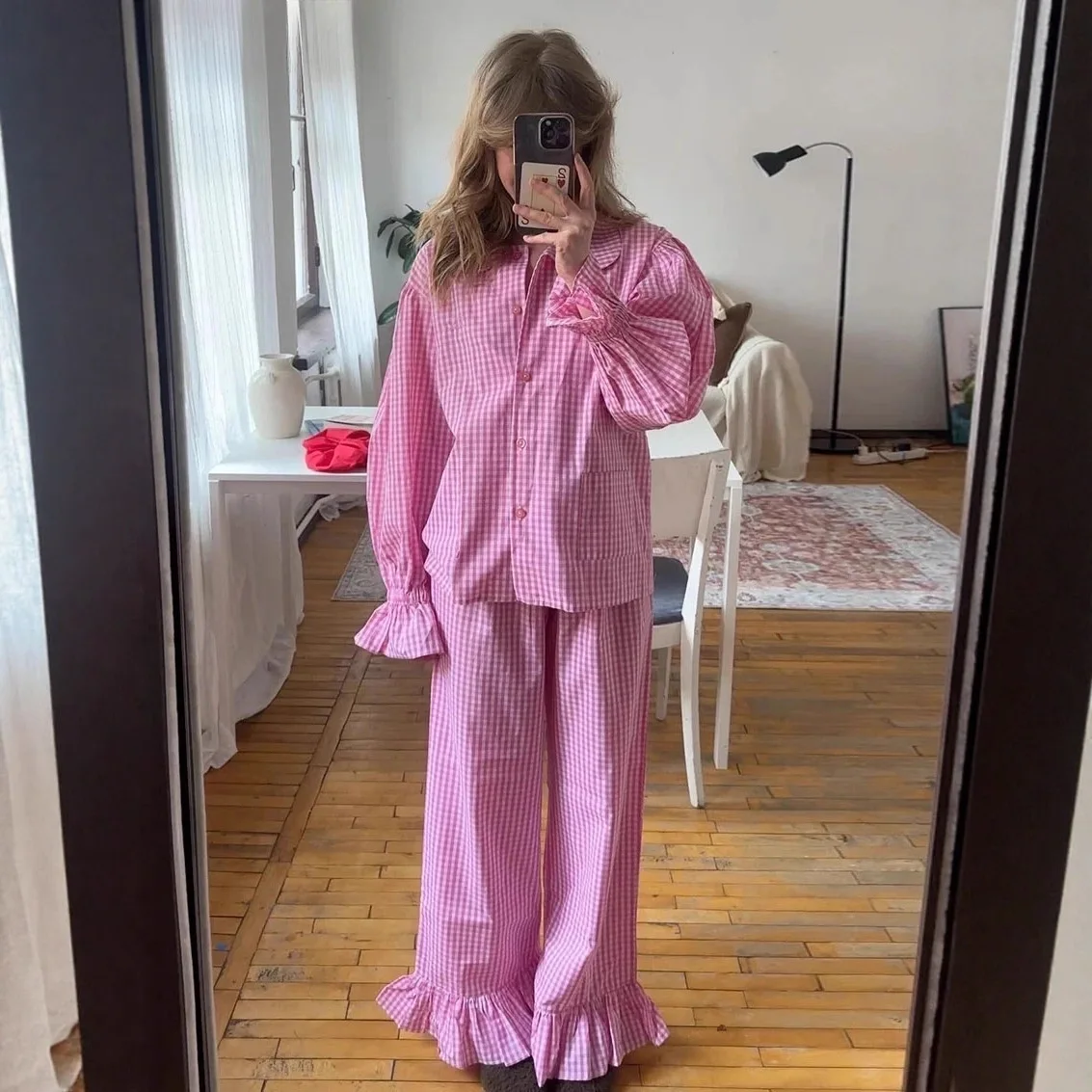 

2026 Spring New Fresh Sweet Plaid Ruffle Long Sleeve Shirt Long Pants Women Casual Comfortable Two Piece Set