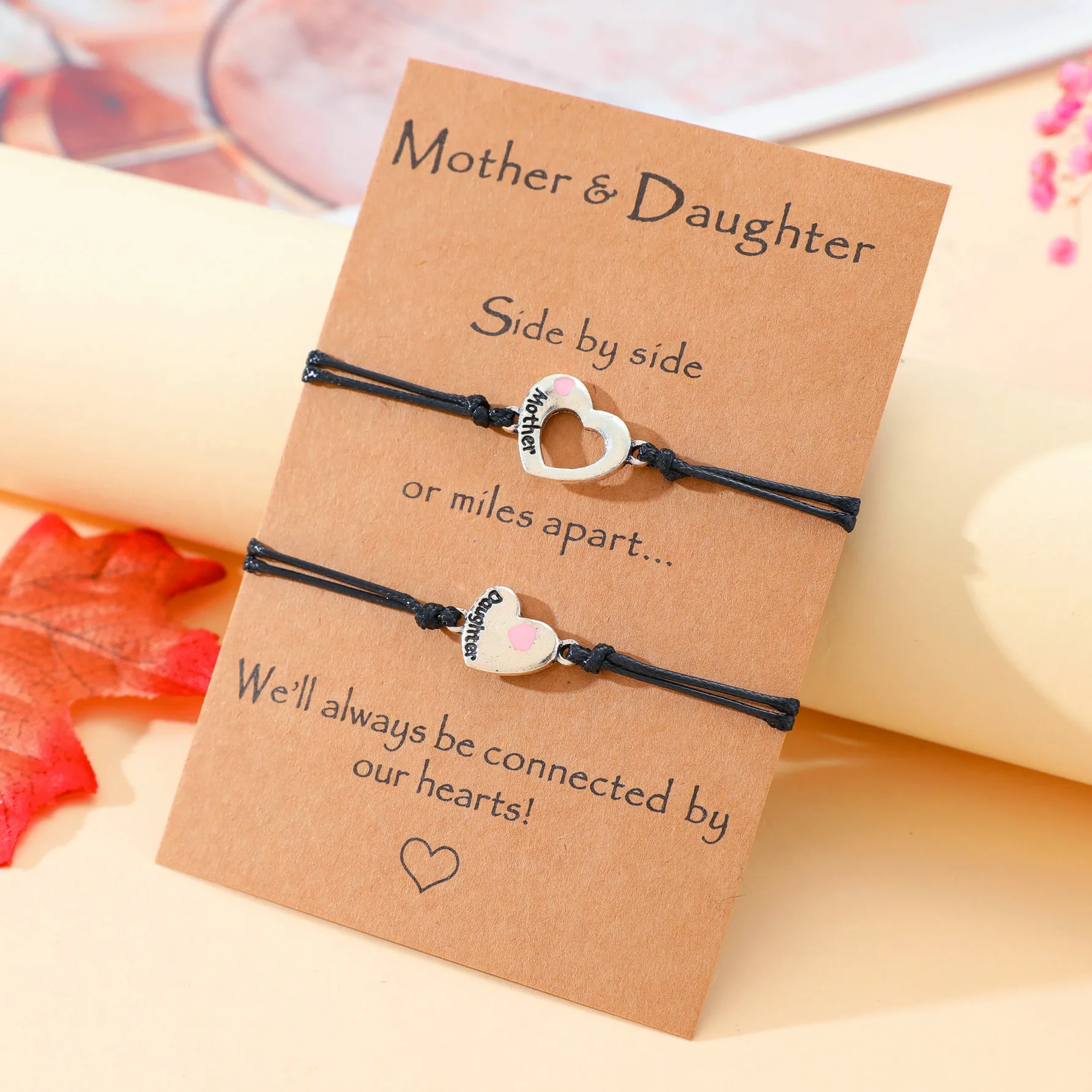 New Mother's Day Bracelet Hollow Heart Pink Dropped Oil Mother and Daughter Letters Handmade Woven Bracelet Gift Wholesale