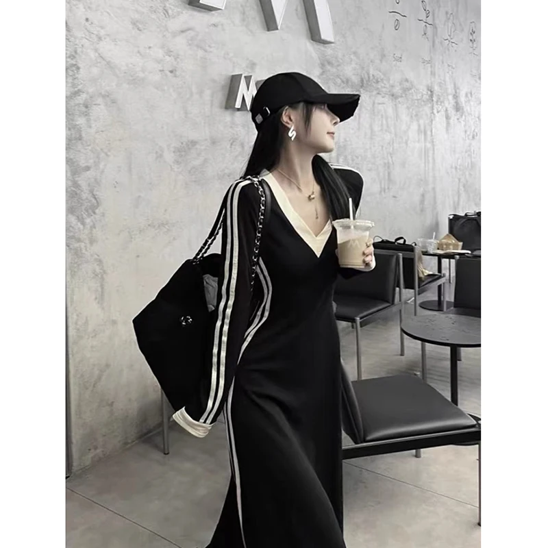 

Spring and Autumn New Striped Dresses Women Casual V-neck Long Sleeve Dress High Waist Thin A-line Maxi Dress Female