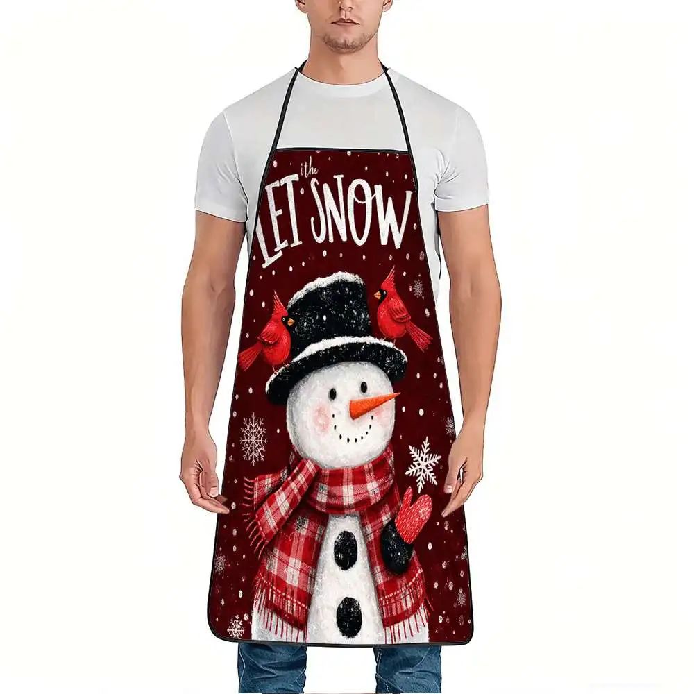 1pc Snowman Apron with Red Cardinals Design, Sturdy And Easy to Clean, Adjustable Waist, Made of Polyester
