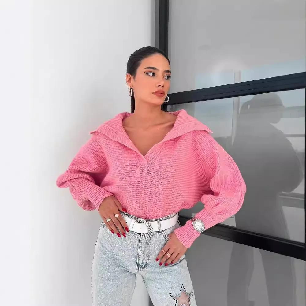 Limited-quantity 50% off!2026 Europe, America, Autumn And Winter Lazy Loose Lantern Sleeves Open Neck Pullover Women's Short