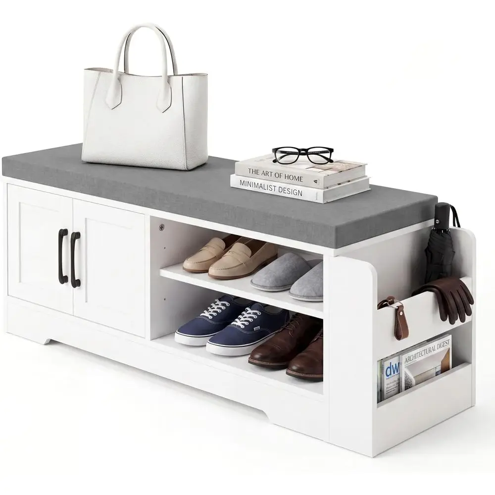 39.6 Shoe Storage Bench with Cushion, Entryway Shoe Cabinet, White | 3-in-1 Shoe Storage Bench, Adjustable Shelves, Removable Cu