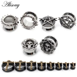 Alisouy 2PC Stainless Steel Ear Tunnel Plugs Expander Skull Flower Star Moon Dragon Cross Stretcher Gauges Body Piercing Jewelry