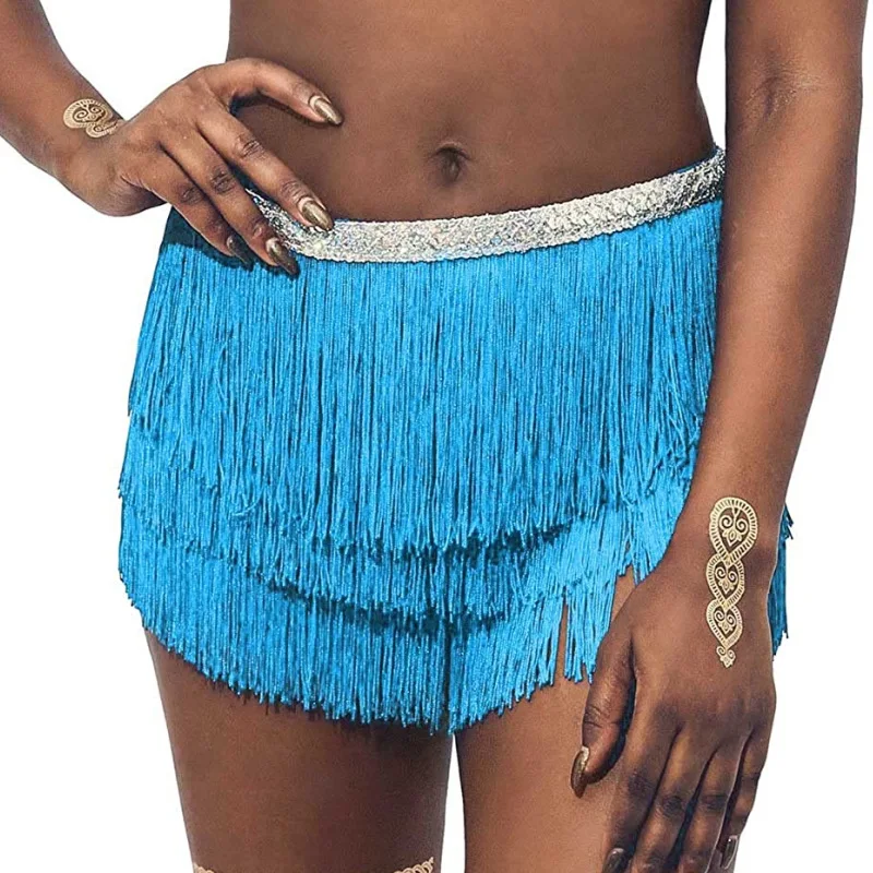 Vrouwen en Meisjes Fringe Buik Rok 3 Lagen Kwastje en Taille Pailletten Ontwerp Dans Rok Korte Buik Heup Sjaal Rave Party rokken