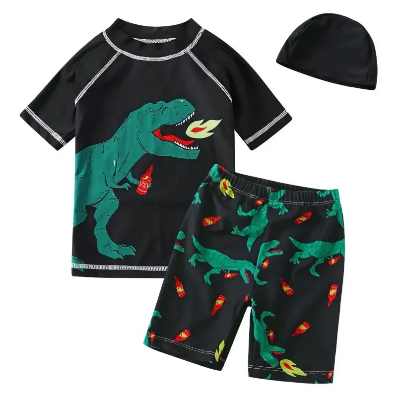 

3PCS Boys' Swimsuits with Swimming Hat Short Sleeve Top Trunks Sets Kid Boys Dinosaur Printed Swimsuits