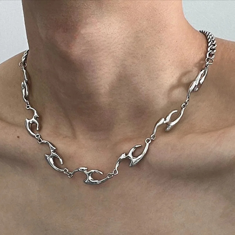 한국 힙합 펑크 실버 컬러 가시 초커 목걸이 (여성용, 남성용) 락 메탈 레트로 불규칙 불꽃 모양 목걸이 쥬얼리