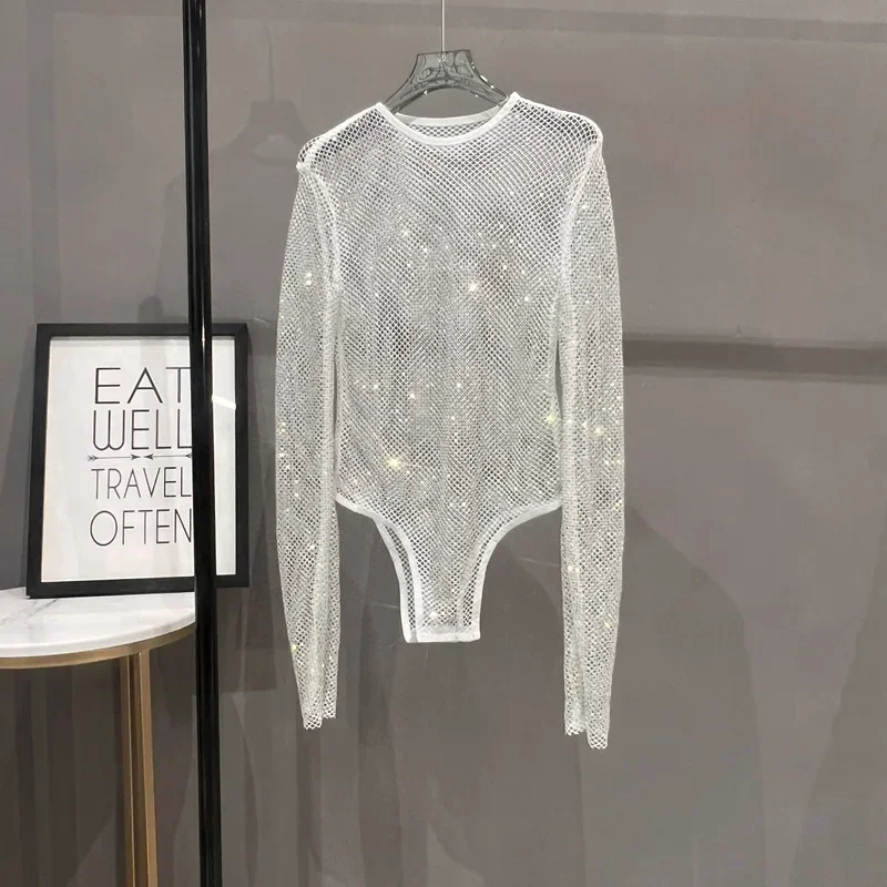 Sexy Mesh Hollowed Out Jumpsuit T-shirt Rhinestone Round Neck Tight See-through One-piece Bottoming Shirt Ms
