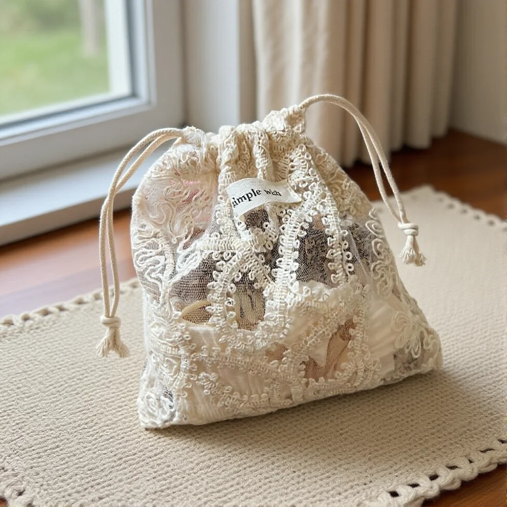Beige Lace Embroidered Storage Bags Hollow Out Flower Drawstring Makeup Storage Pouch Bag Small Accessories Bag Travel Organizer