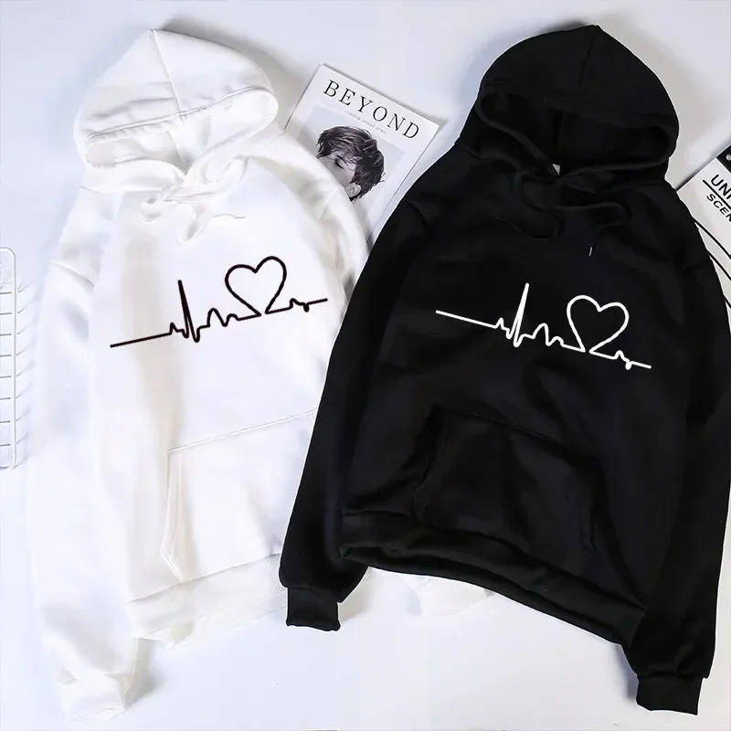 2024 New Women Casual Hoodies Autumn/Winter Heartbeat Print Men Loose Hoodies Couple Sweatshirts Ladies Hooded Tops Streetwear