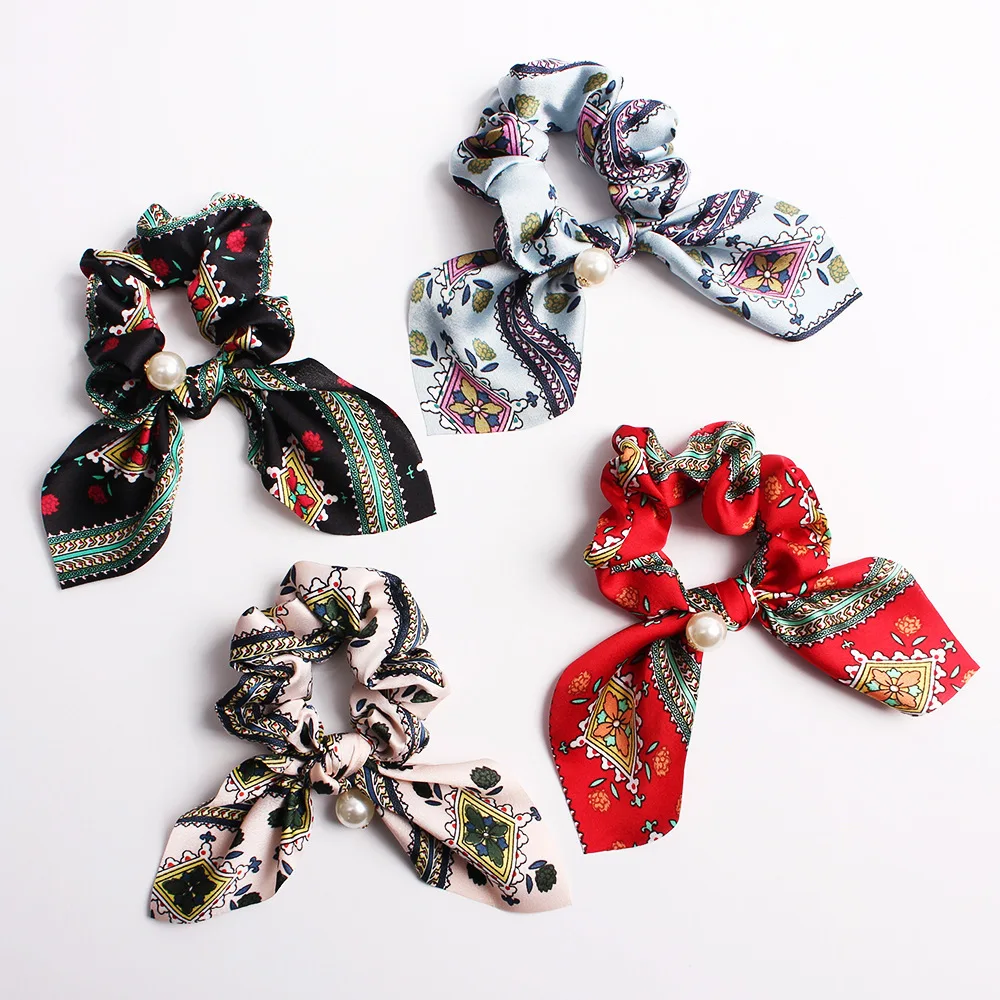 

Chiffon Bowknot Scrunchies with Pearl Accent Silk-like Hair Ties for Women Girls Elegant Ponytail Holder Gentle Hair Accessories