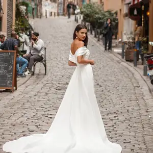 Weiche Satin -Brautkleider, aus der Schulterscheide, Seitenschlitz, abnehmbarer Zug, formelles Hochzeitskleid, elegant, Meerjungfrau, 2025 12 Hauptverkaufs -Satin -Brautkleid - №5