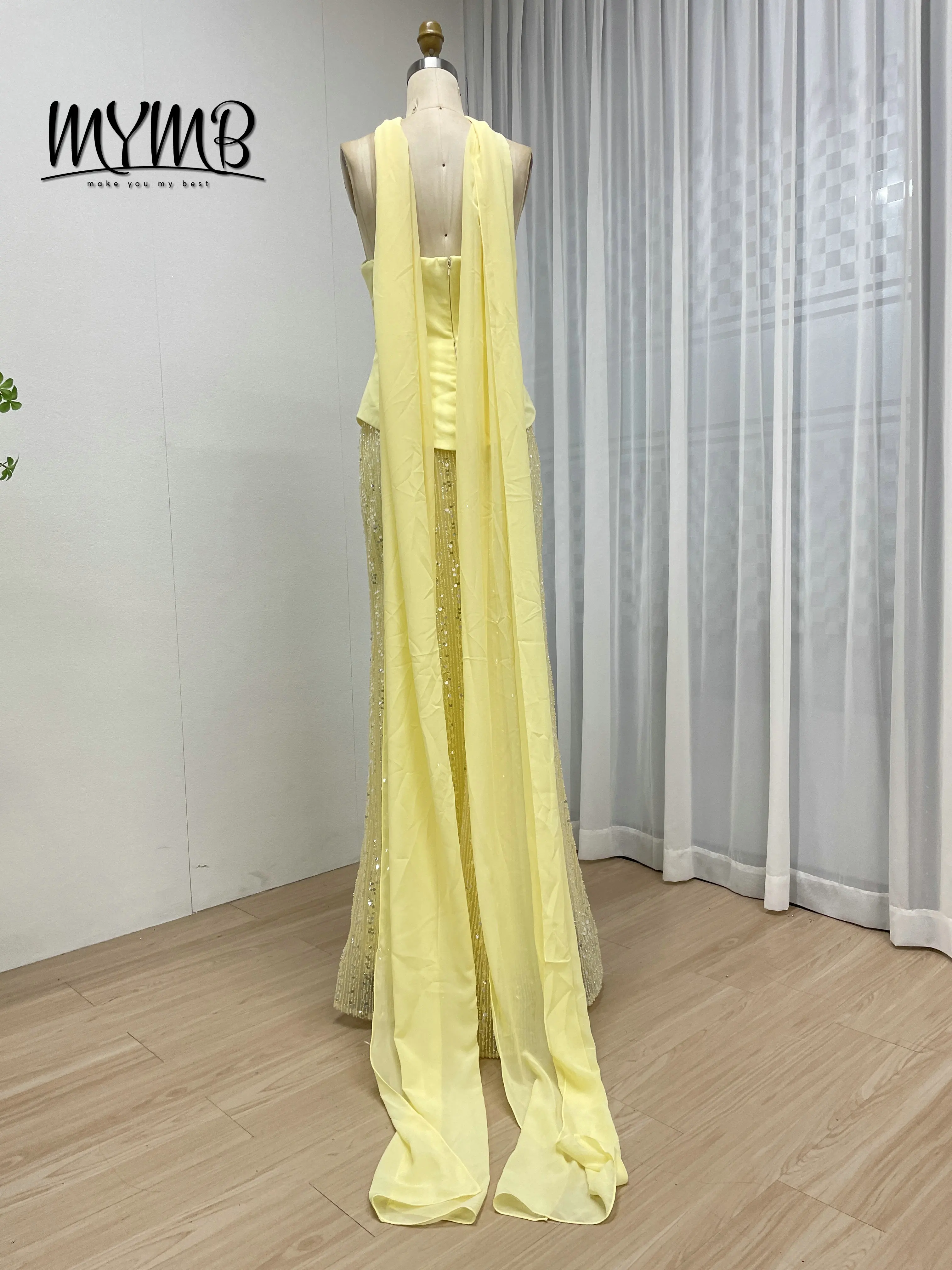 فستان سهرة حورية البحر أصفر أنيق أنيق من MYMB مزين باللؤلؤ مع وشاح شيفون 2026 للحفلات الراقصة MY30200