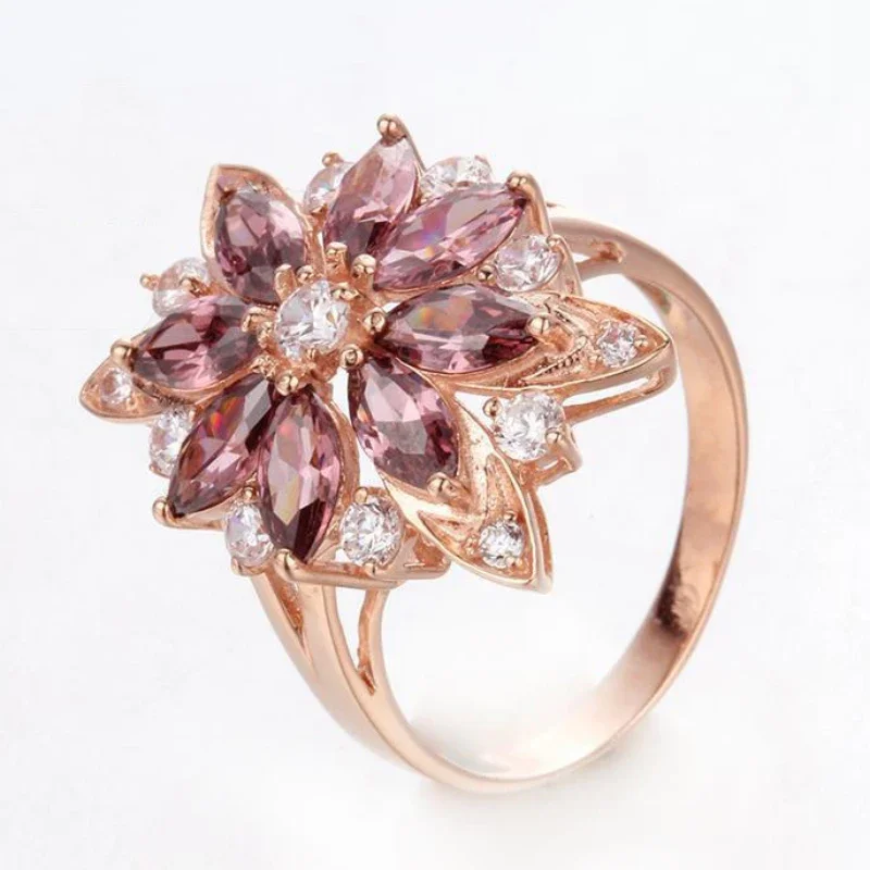 Bague de fiançailles plaquée or rose pour femme, bijoux fins, fleur de gemme rouge, cadeau de mode, luxe voyant