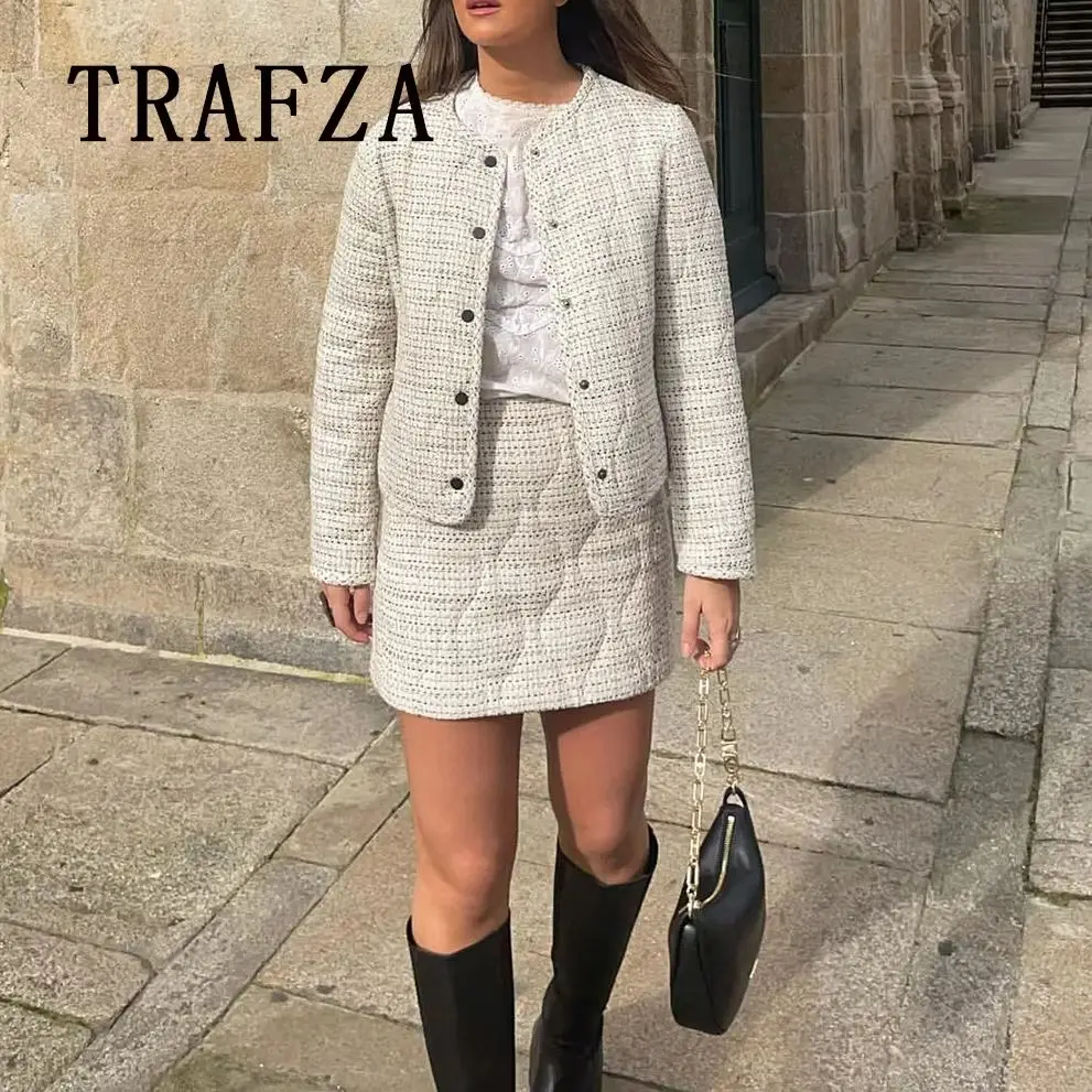 TRAF 2024 Autumn Women Texture Cotton Suits Single Breasted Straight Jacket+Mini Zipper Slim Skirt Fashion Vintage Women Sets