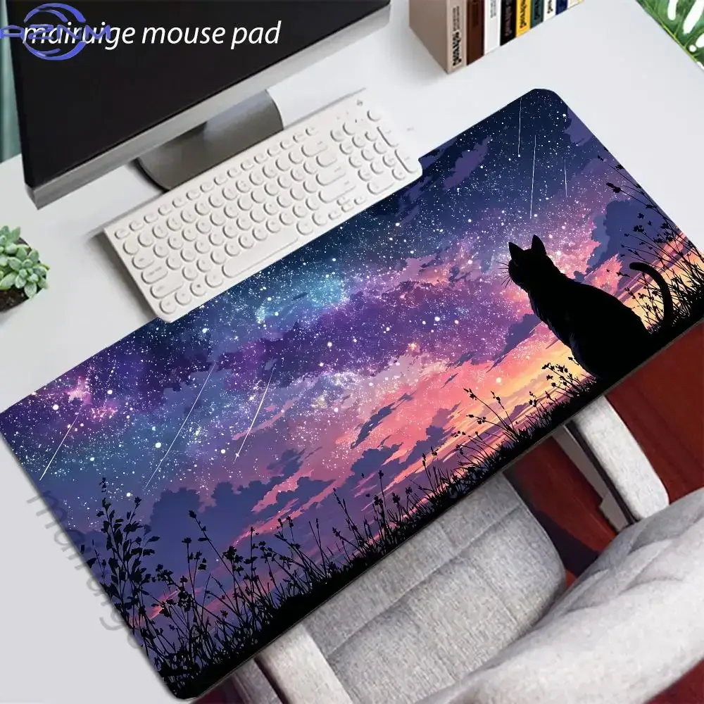 Cute Cat Night Sky Star Mouse Pad Large Computer Office Game Table Mat Rubber Anti-slip Stitched Keyboard Mat  XXL Desk Pad
