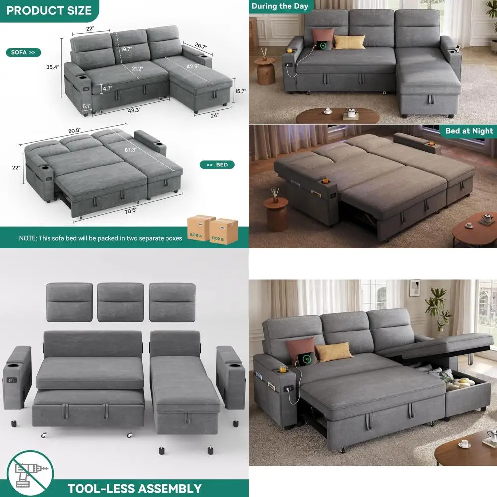 

Регулируемый диван-кровать с выдвижным спальным местом, L-образный секционный диван с подлокотниками и USB-портом, серый, с мягкой обивкой, для гостиной