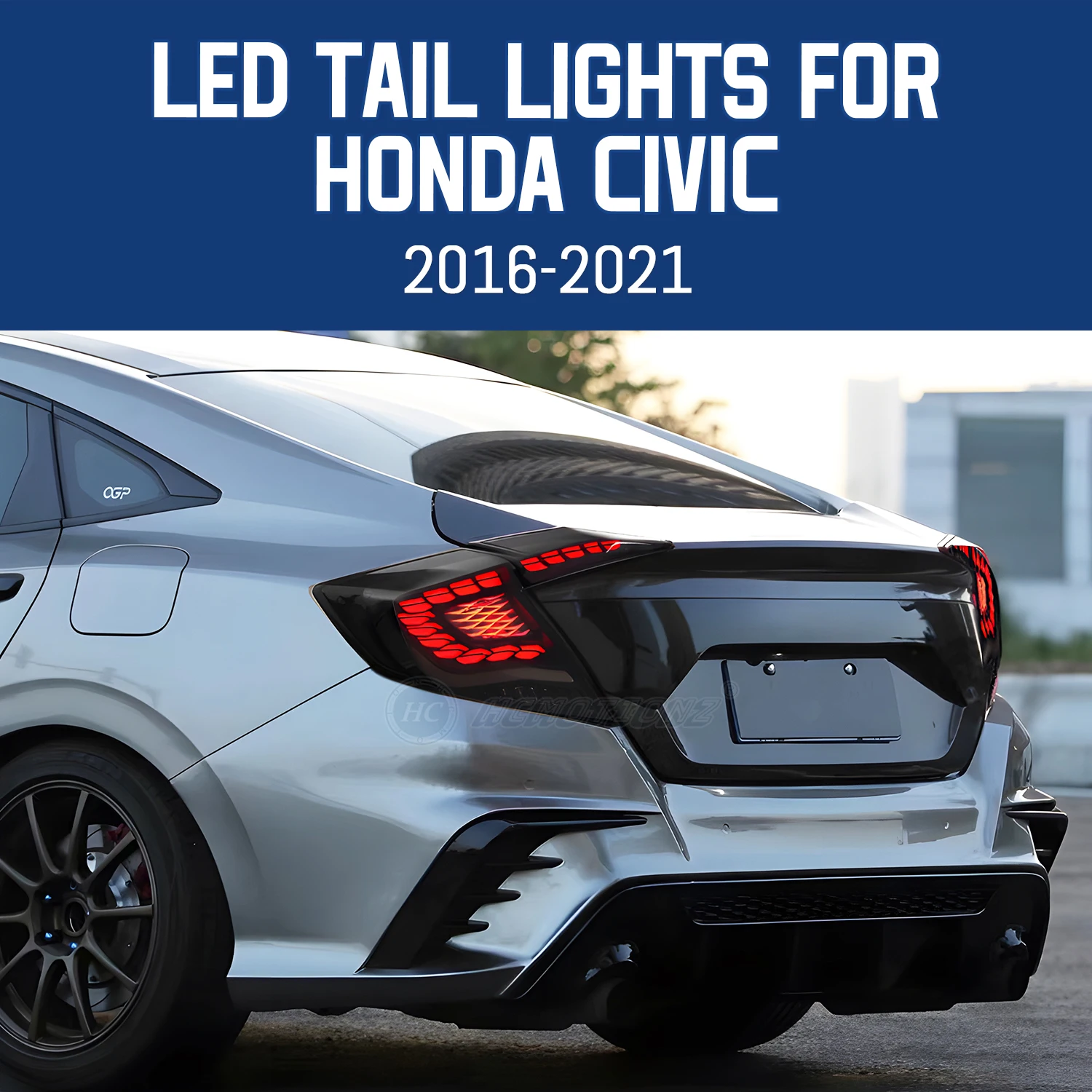 HCMOTIONZ Taillights for Honda Civic 2016-2021 10th Gen Smoked DRL Start up Animation Rear Lamps Assembly LED Fog Light