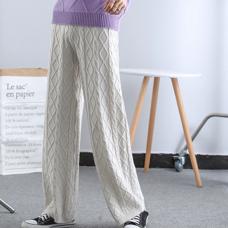 Fashion Women Micro Wide Woolen 100% Merino Wool Knitwear Pants Cashmere Solid Color Soft Trousers Simple Comfortable