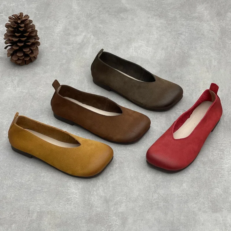 Women's Genuine Leather Shallow Flat Shoes Square Toe Soft Casual Slip-on Loafers Comfortable Vintage Ballet Flats All Season
