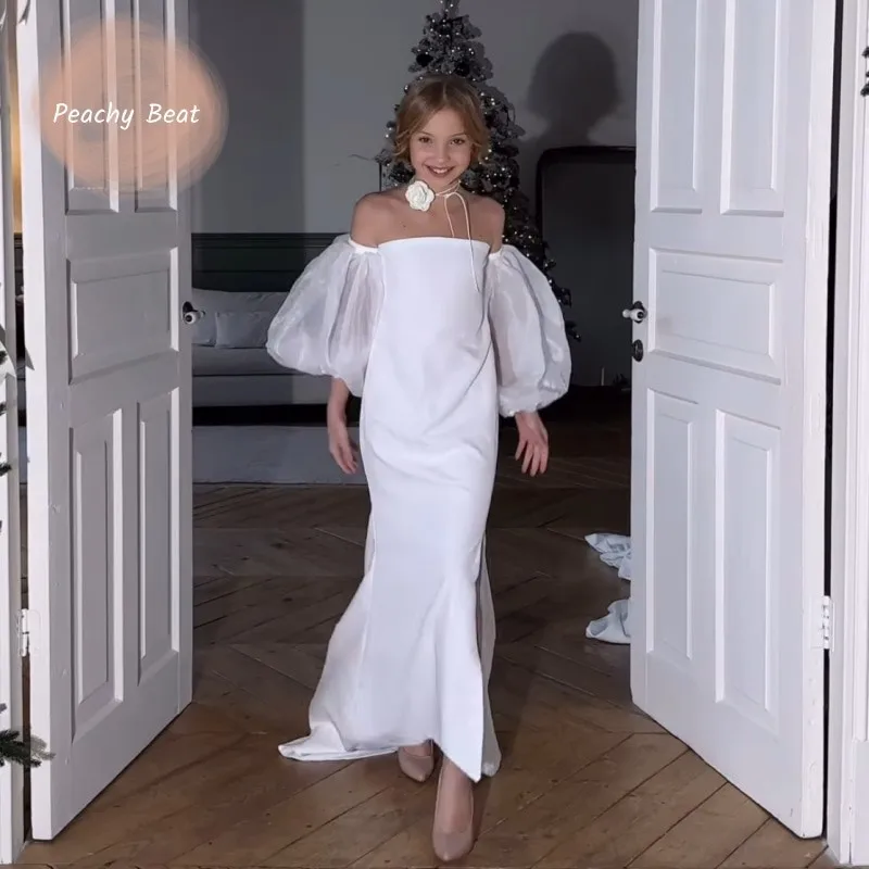

Baby Girl Princess Split Long Dress Puff Sleeve Teens Child Elegant Solid Tulle Vestido Wedding Birthday Party Baby Clothes2-14Y