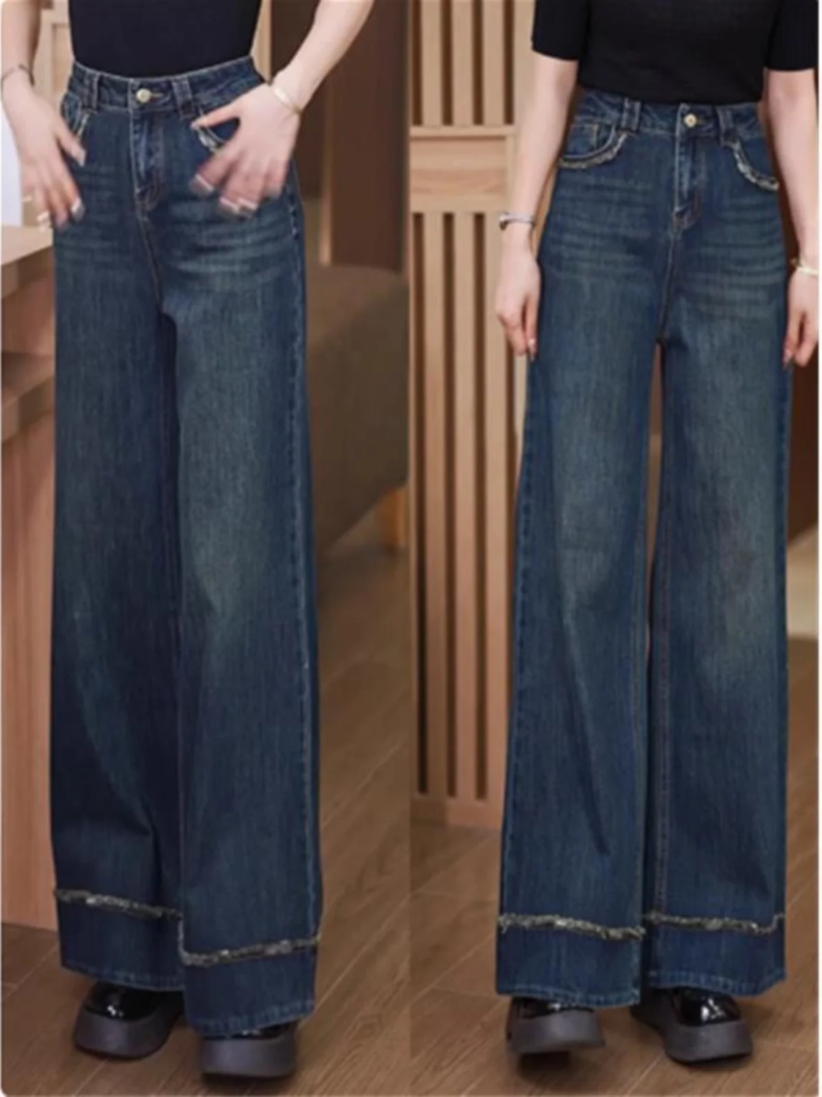 

Ретро джинсы с широкими штанинами, темно-синие, женские, с высокой талией, свободные, драпированные, с рваными краями, прямые брюки, весна-осень, новинка