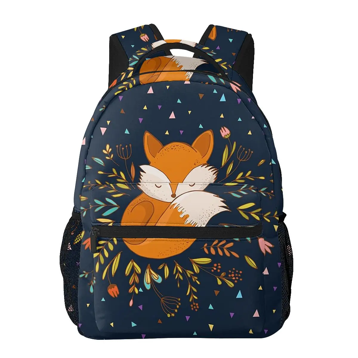 Cute Fox Flowers and Triangles Mochilas para meninos e meninas, crianças mochilas escolares, mochila dos desenhos animados, bolsa de ombro, mochila, grande capacidade