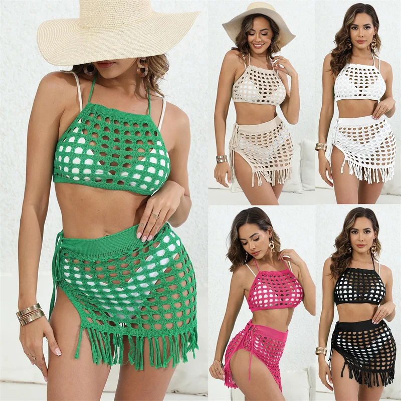 2 Piece Beach Suit for Women Summer Fishnet High Neck Beachwear Bandeau String Mini Knit Skirt Two Pieces Crochet Dress Outfits