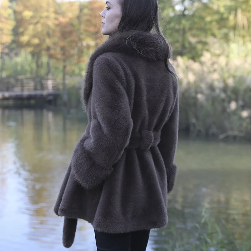 Winter Vintage Brown Fluffy Faux Mink Fur Coat With Belt Elegant Luxury Chic Thick Warm Soft Women Jacket Furry Overcoat