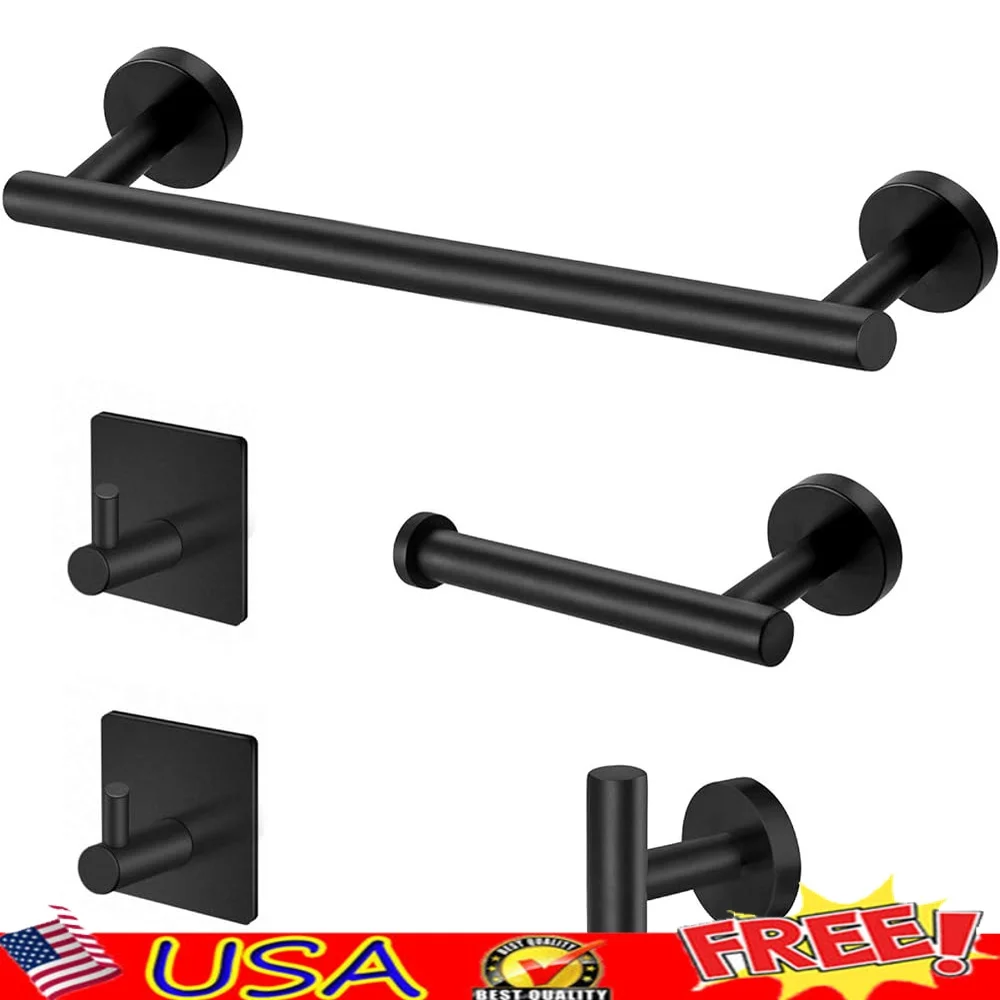 

Matte Black Bathroom Hardware Set 5 Pieces Stainless Steel Towel Bar Toilet Paper Holder Wall Mounted Hooks Heavy Duty Fixtures