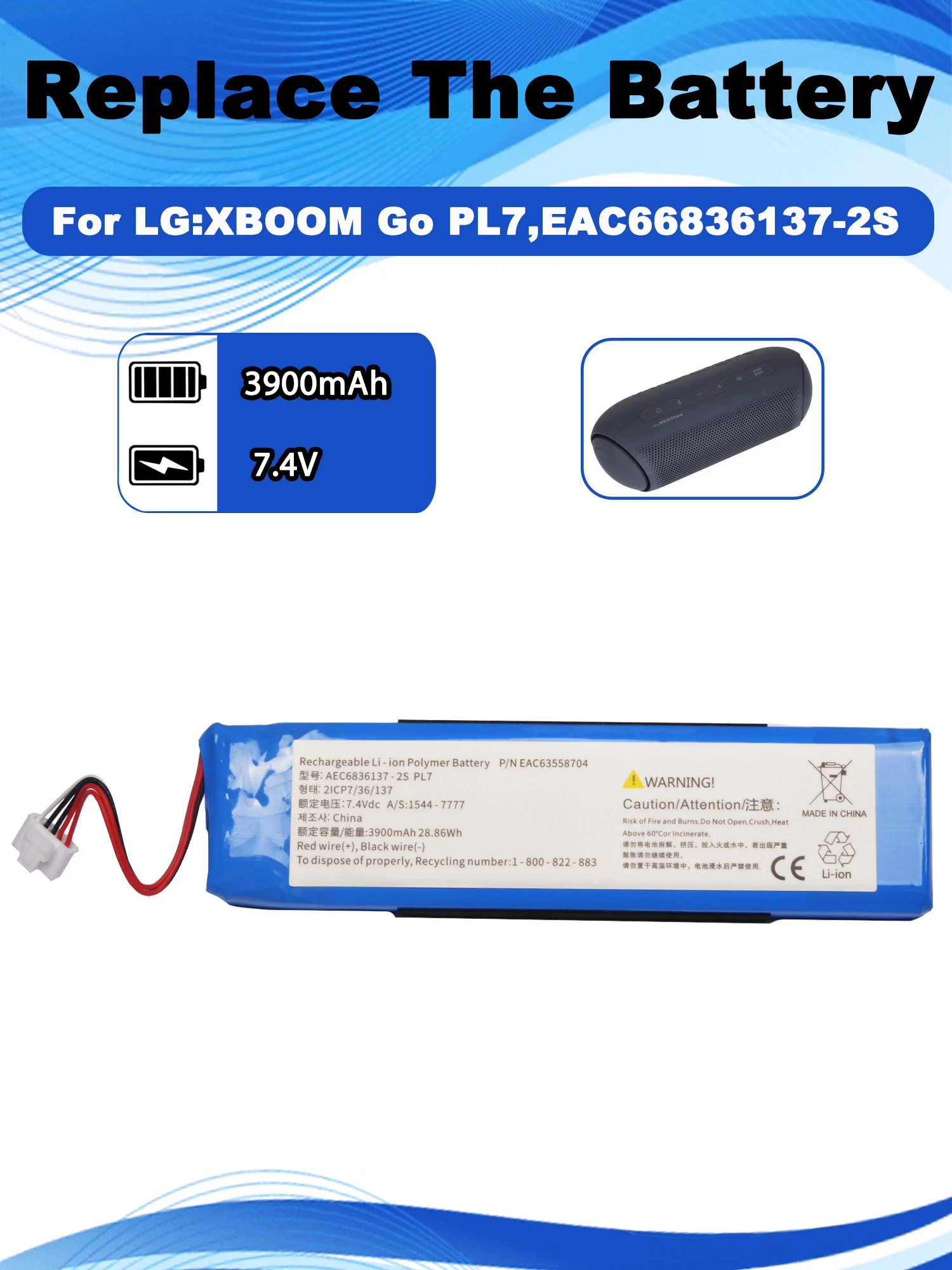 

EAC66836137-2S Replacement Speaker Battery For LG XBOOM Go PL7 Bluetooth Speaker 7.4V 3900mAh
