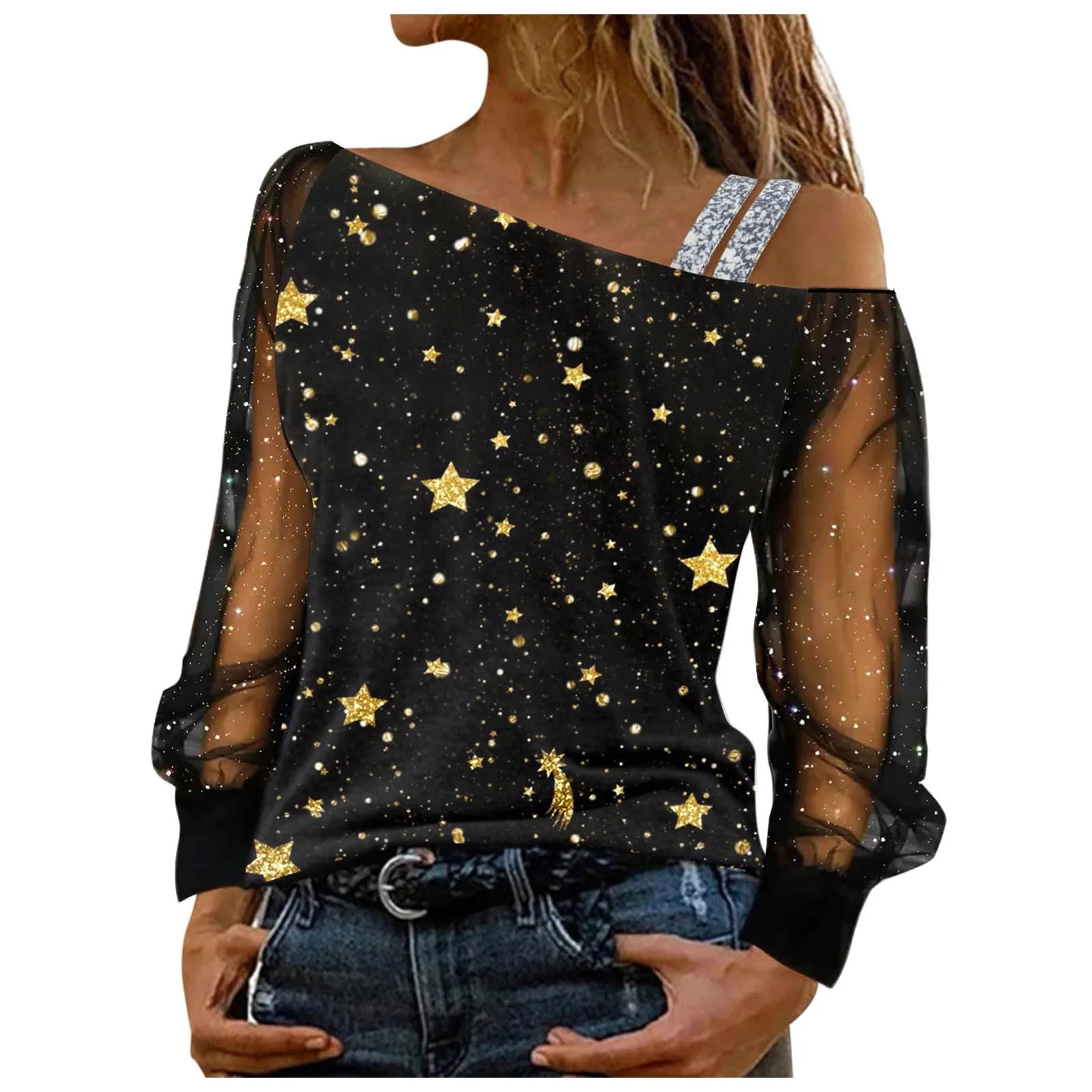 Plus Size Women's Clothing Black Gold Fashion Print Button Stitching Gauze Long Sleeve Hoodless Top Women Winter Warm Pullover